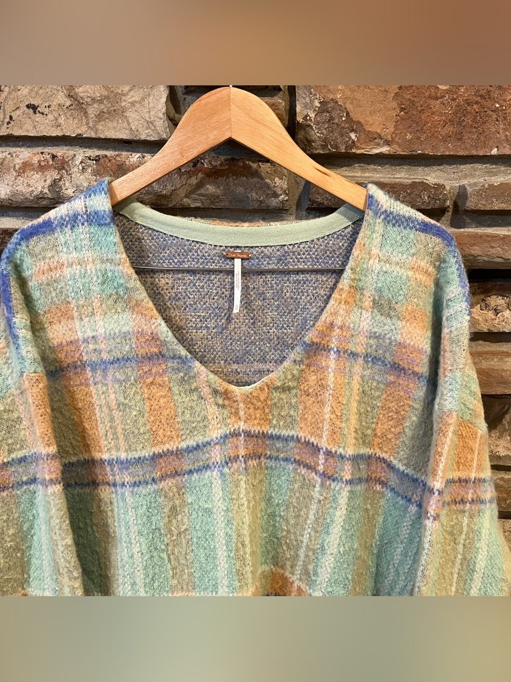 Free People Primrose Plaid Tunic V-Neck Sweater in Mint, Tan & Blue - Picture 3 of 7